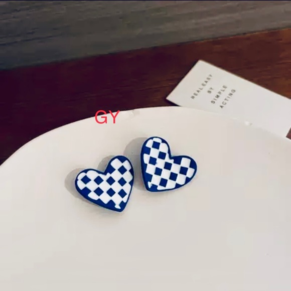 Anthro Cobalt Blue Dopamine Clothes Boho Checked Floral Stud Earrings Jewelry - Picture 12 of 16